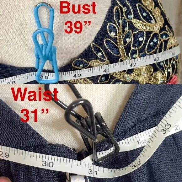 Blondie Nites Navy Gold Embroidered V-Neck V-Back Formal Dress Ball Gown Size 9 - Picture 7 of 16